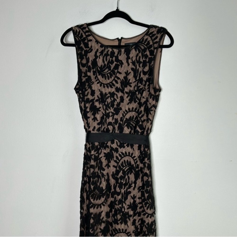 Adrianna Papell Black Lace Overlay Belted Evening Maxi Gown Dress